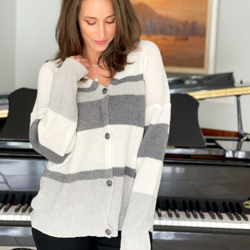 White Gray Striped V-Neck Cardigan Sweater NWT